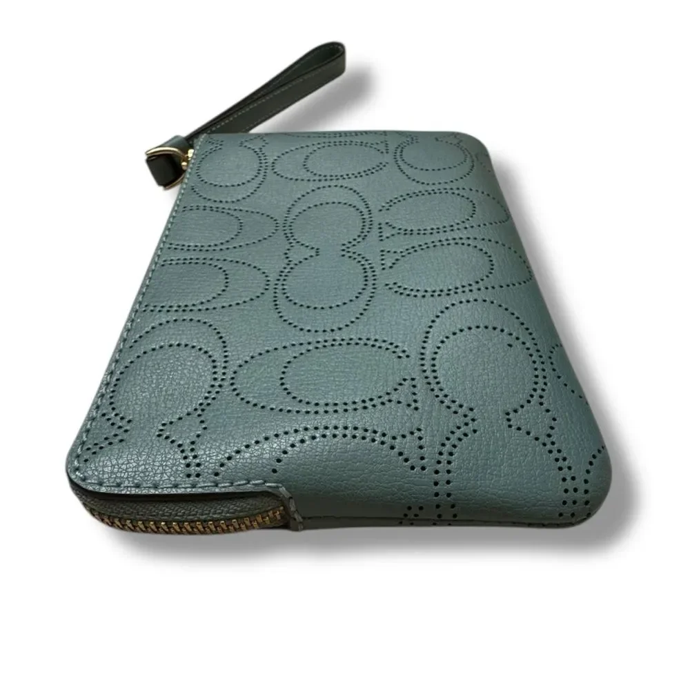 Coach Corner Zip Wristlet Seafoam Perforated Leather